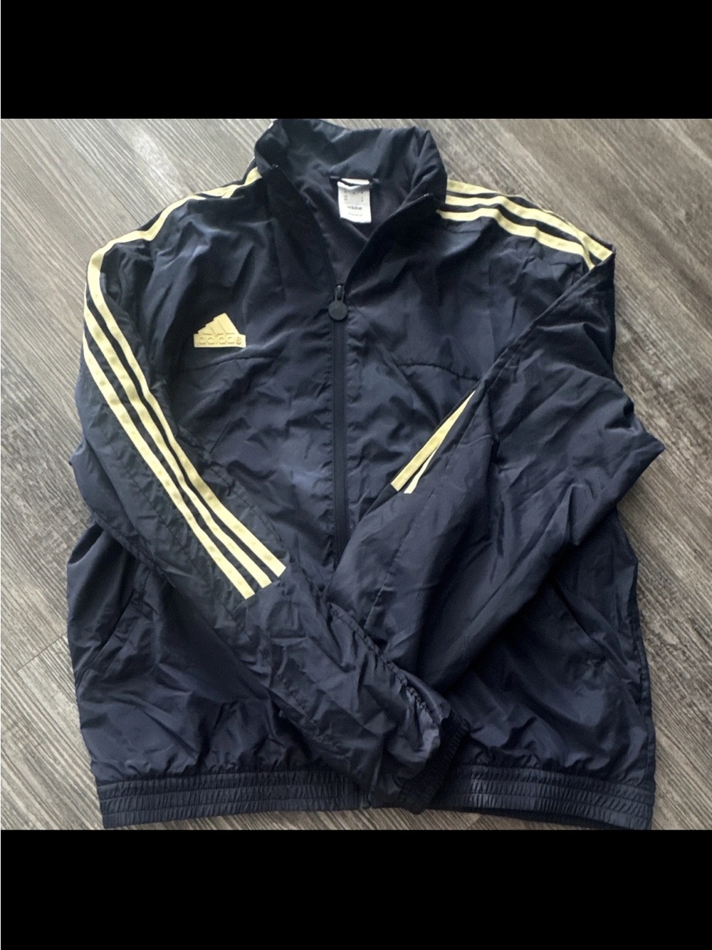 Y2K Adidas Men’s Navy Track Jacket with Gold Stripes